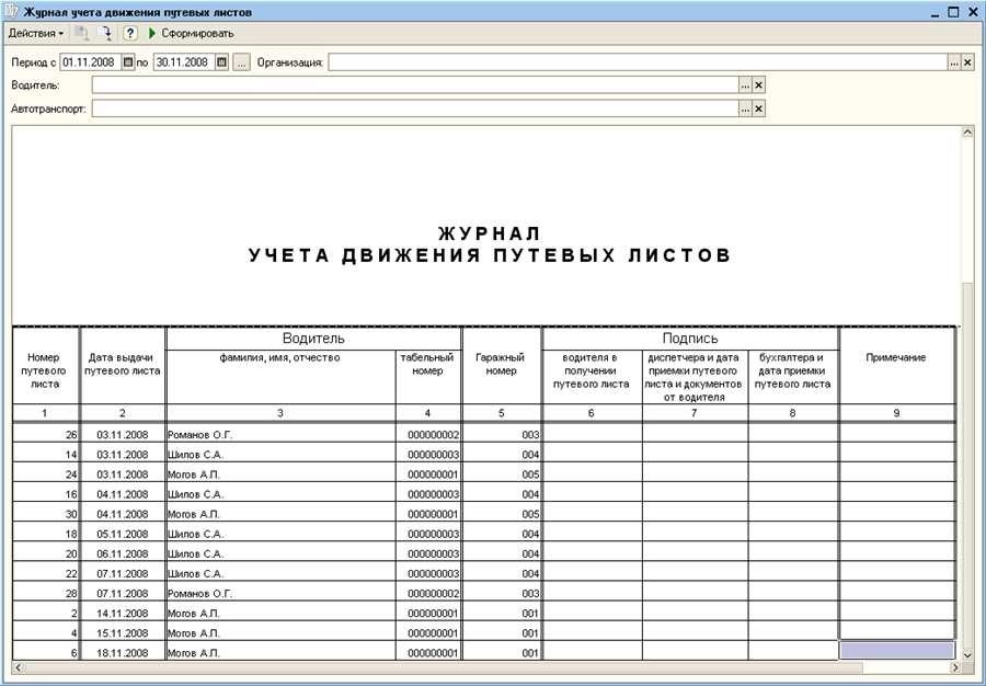 Журнал учета путевых листов